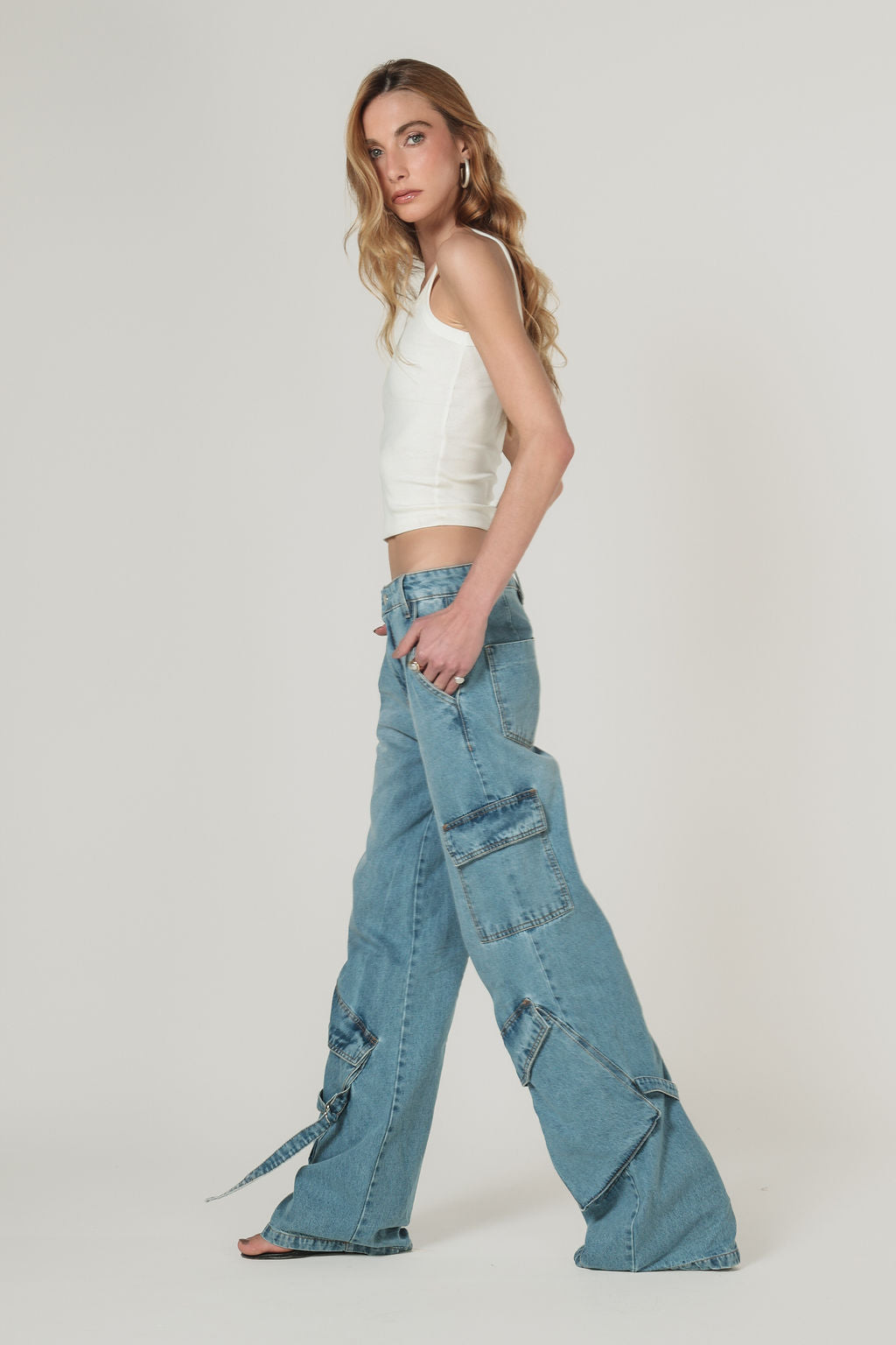 Calça Jeans Cargo Azul Claro