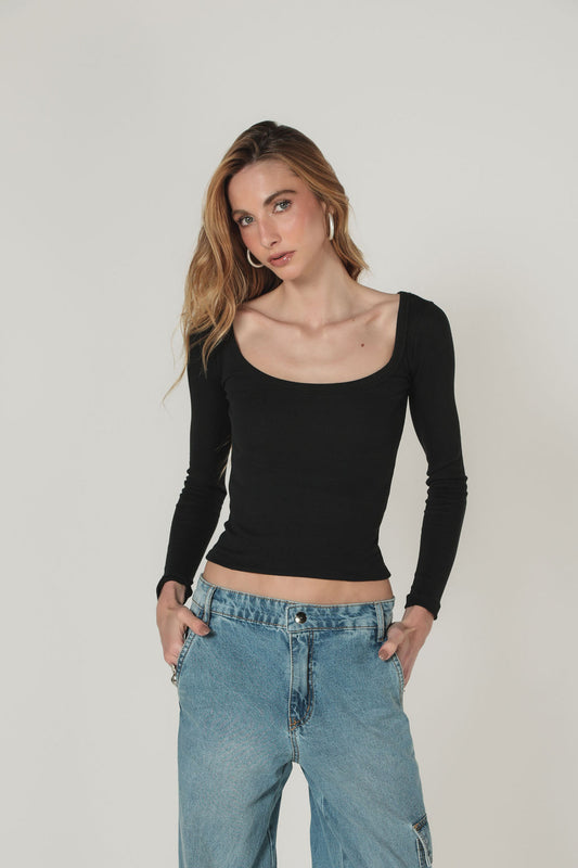 Blusa Canelada Manga Longa Preto