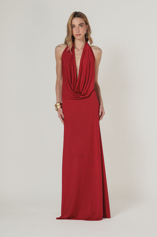 Vestido Longo  Jersey Dreapeado Vermelho
