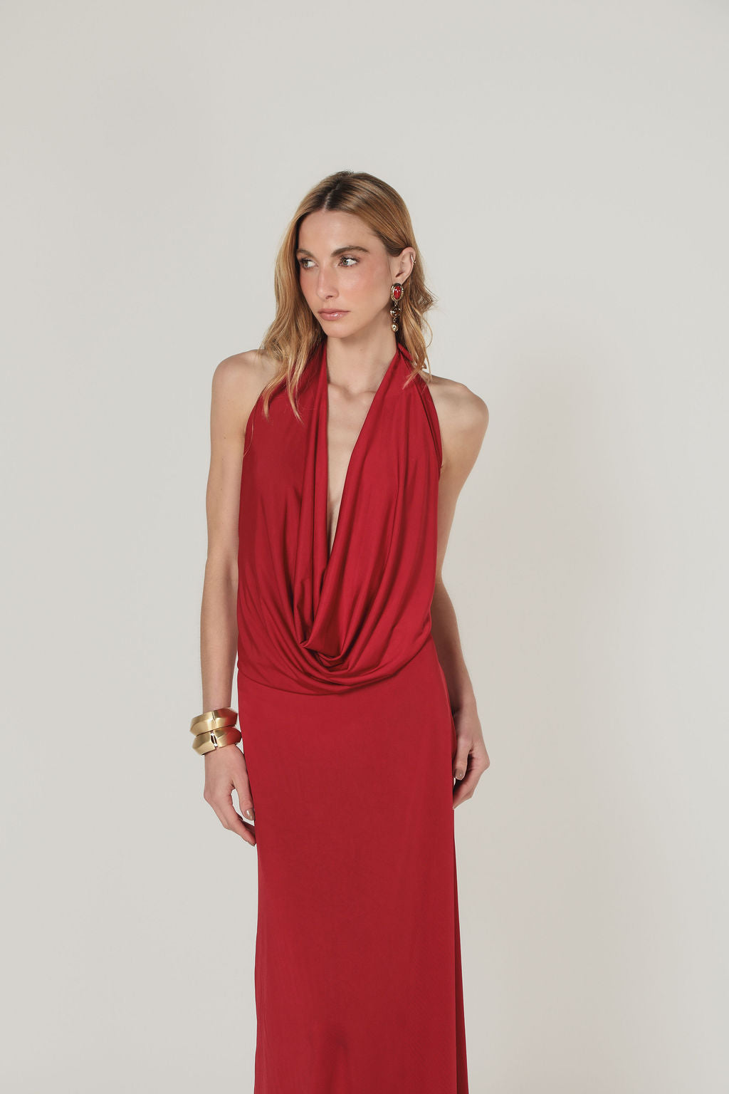 Vestido Longo  Jersey Dreapeado Vermelho