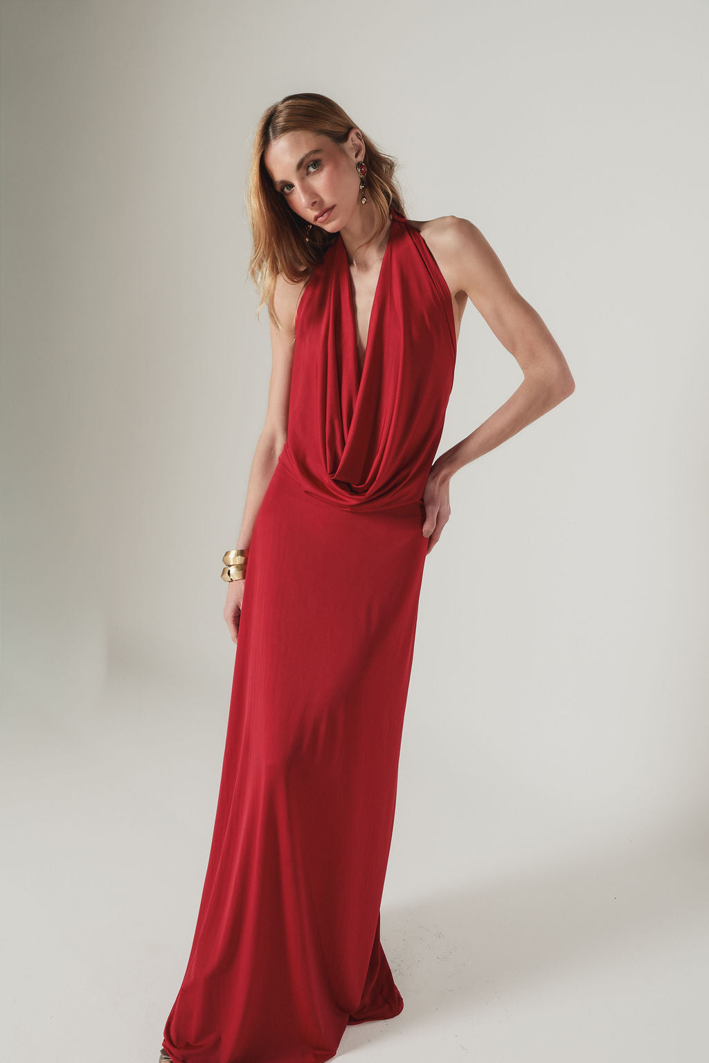 Vestido Longo  Jersey Dreapeado Vermelho