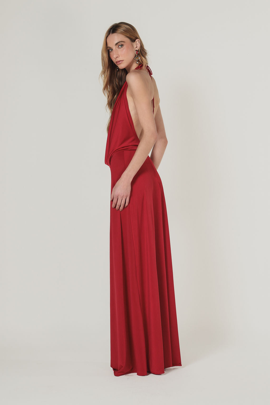Vestido Longo  Jersey Dreapeado Vermelho