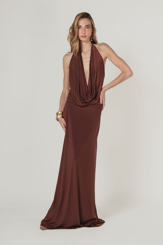 Vestido Longo  Jersey Dreapeado Marrom