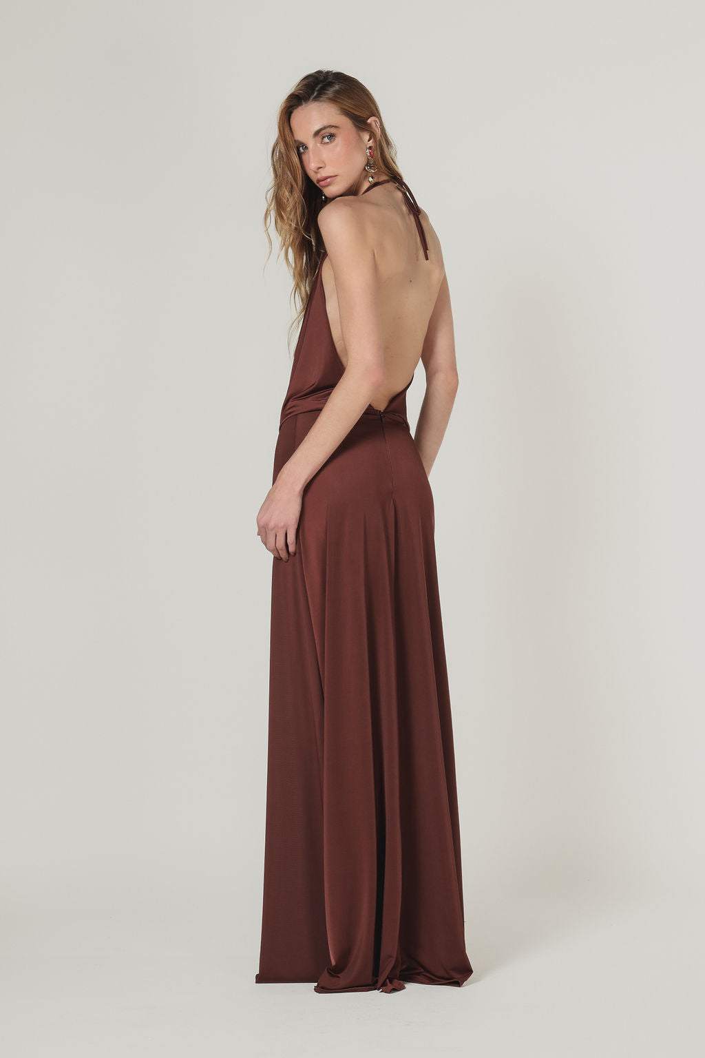 Vestido Longo  Jersey Dreapeado Marrom