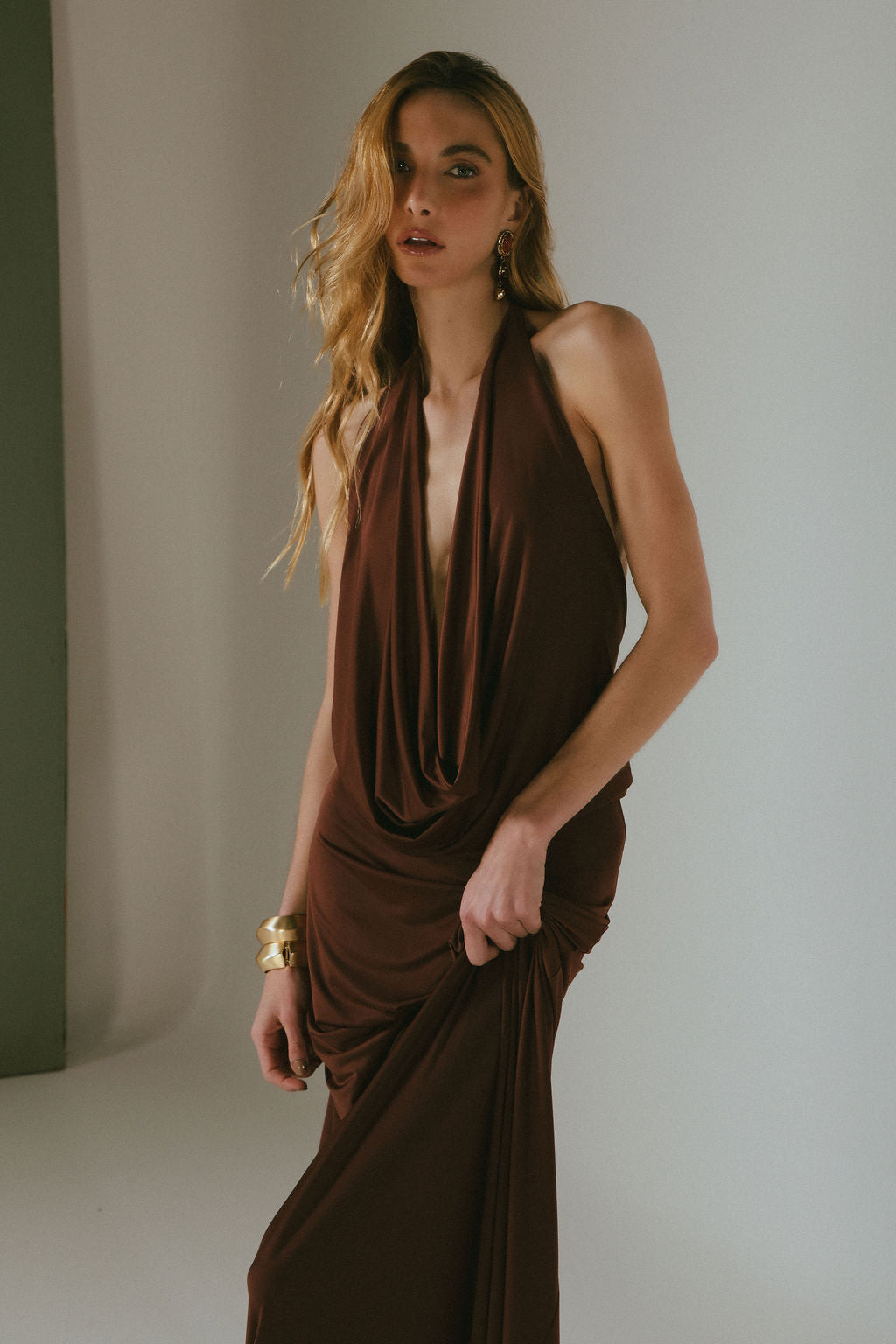 Vestido Longo  Jersey Dreapeado Marrom