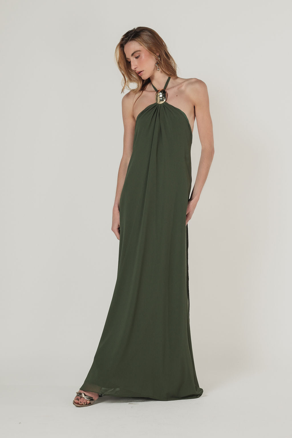 Vestido Longo Frente Única Metal Verde Militar