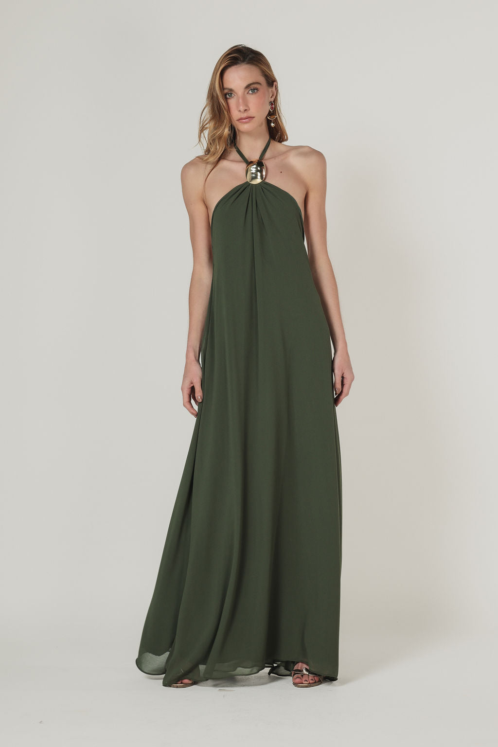 Vestido Longo Frente Única Metal Verde Militar