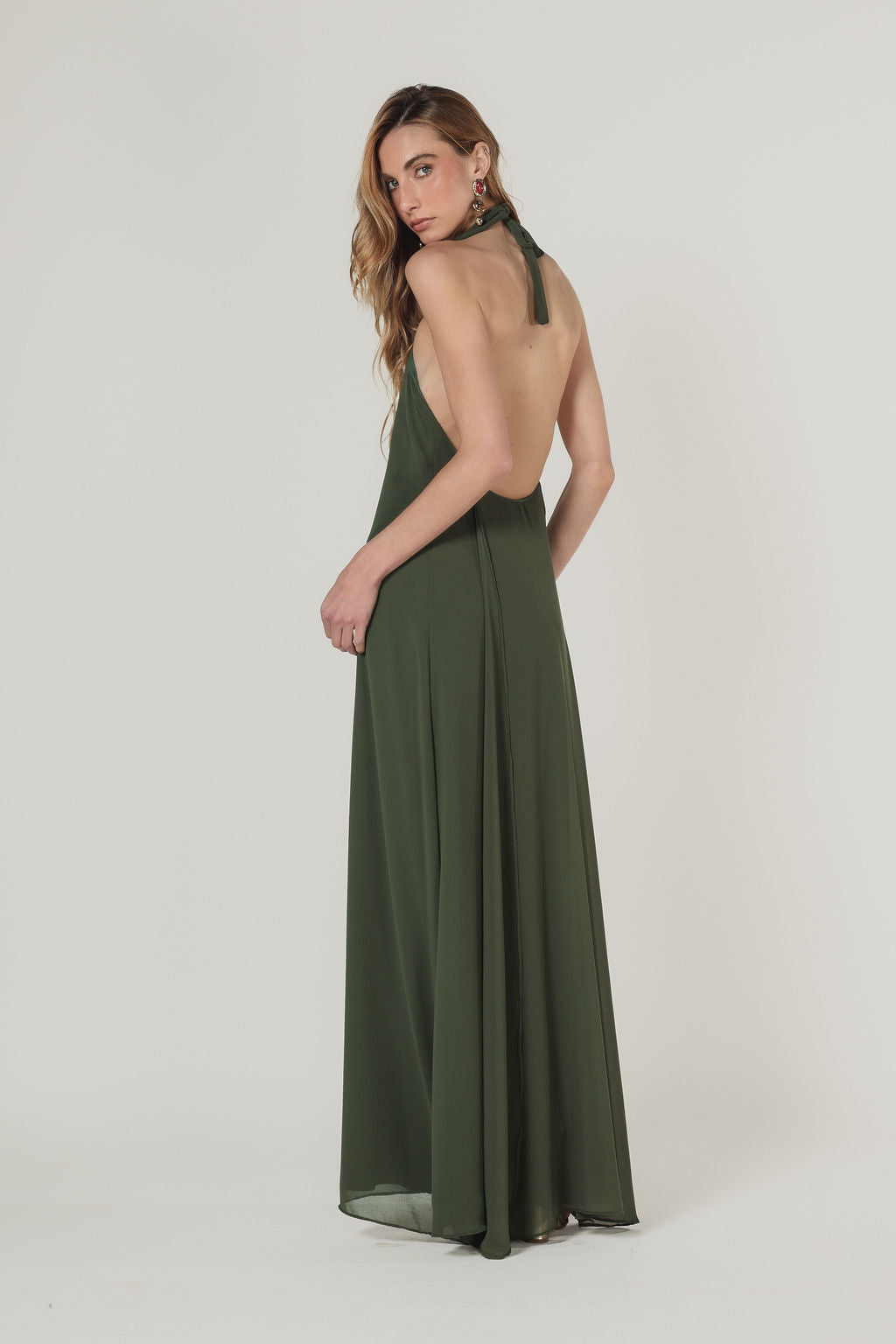 Vestido Longo Frente Única Metal Verde Militar