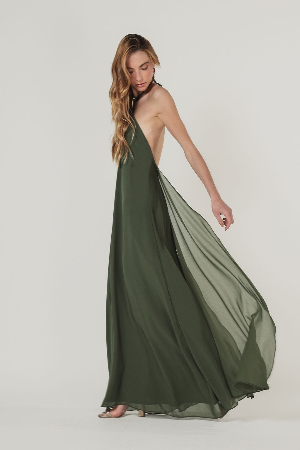 Vestido Longo Frente Única Metal Verde Militar