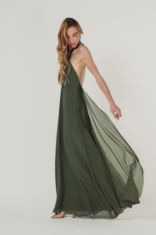 Vestido Longo Frente Única Metal Verde Militar