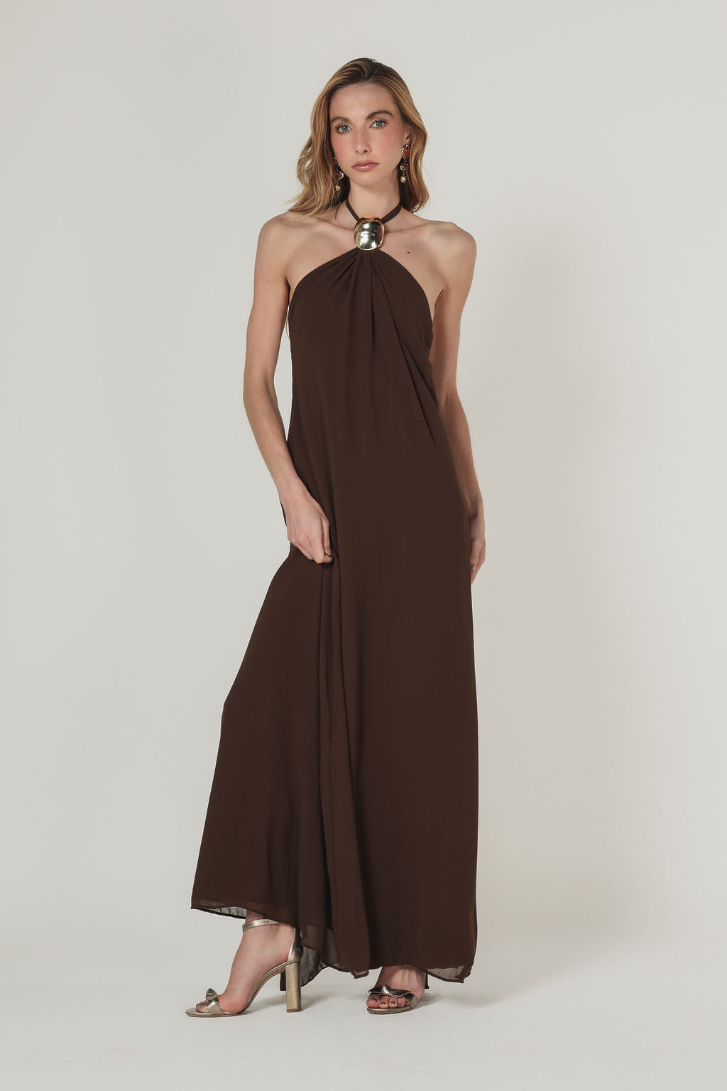 Vestido Longo Frente Única Metal Marrom