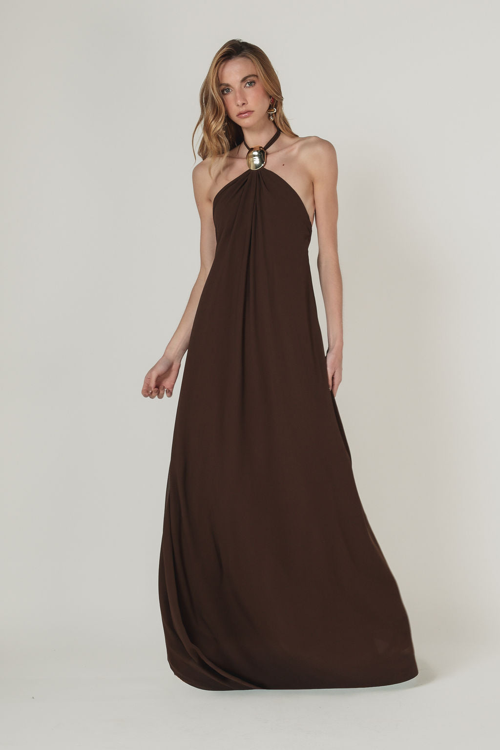 Vestido Longo Frente Única Metal Marrom