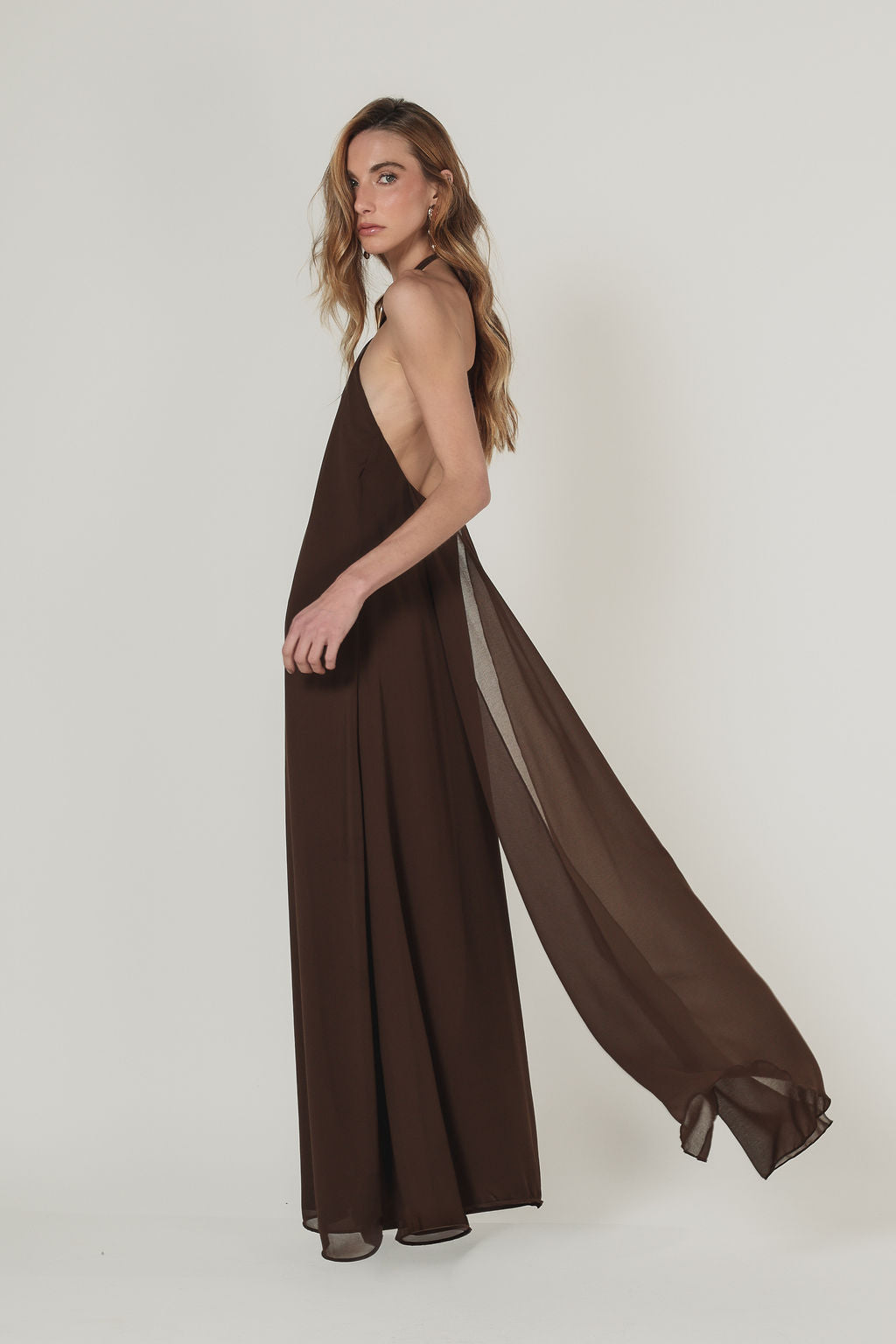 Vestido Longo Frente Única Metal Marrom