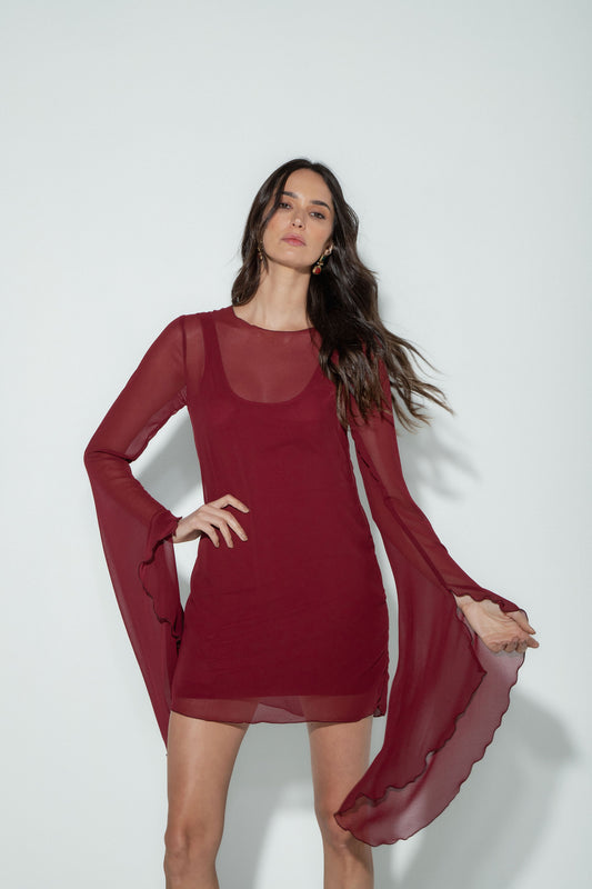 Vestido Curto Manga Longa Assimétrica Vinho
