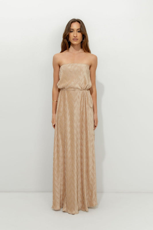 Vestido Longo Plissado Dourado