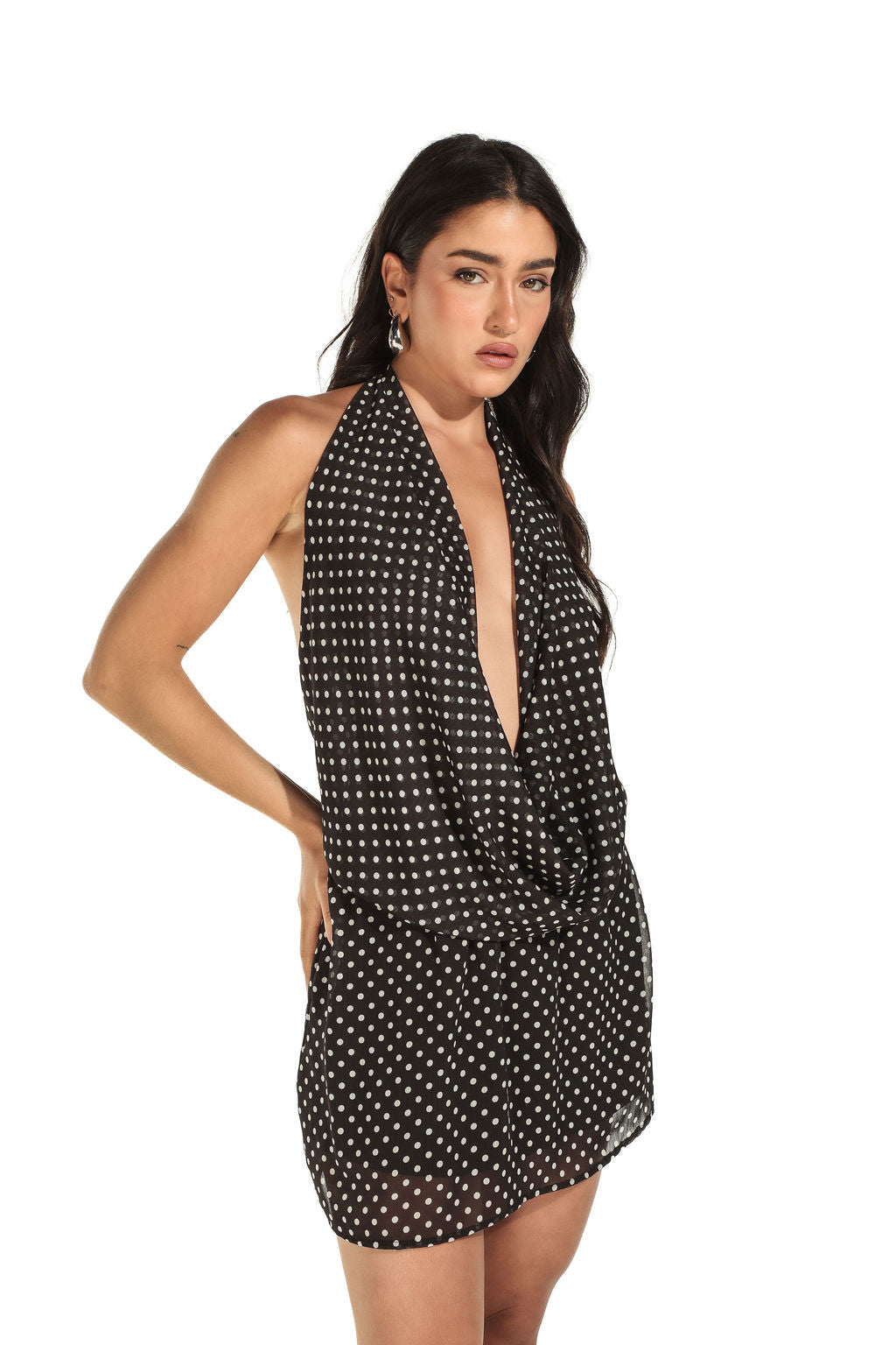 Vestido Drapeado Chiffon Poá Preto