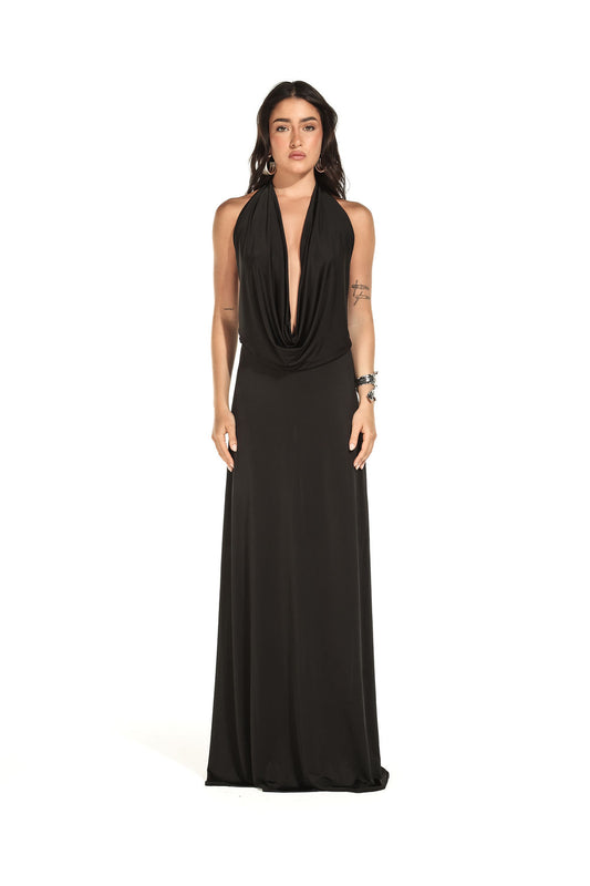 Vestido Longo  Jersey Dreapeado Preto