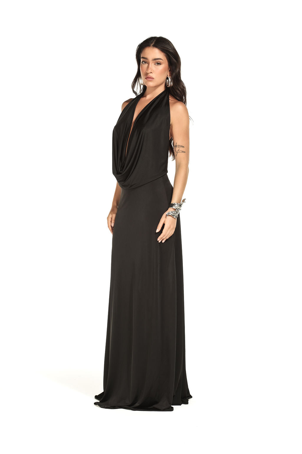 Vestido Longo  Jersey Dreapeado Preto