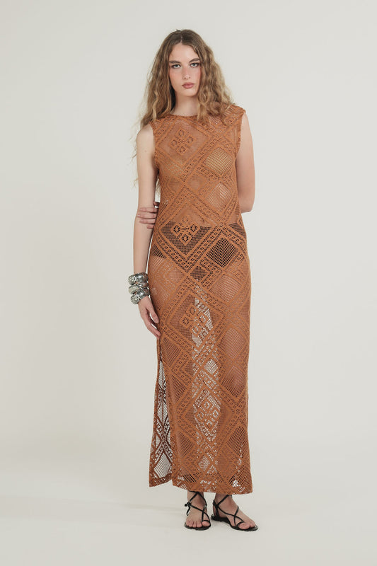 Vestido Croche Decote Marrom