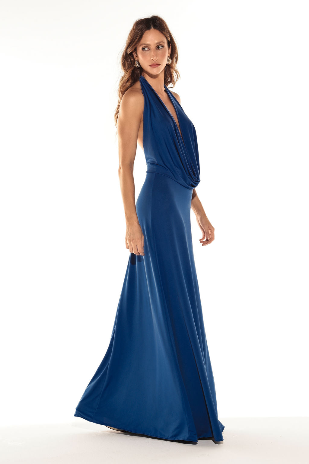 Vestido Longo Jersey Drapeado Azul