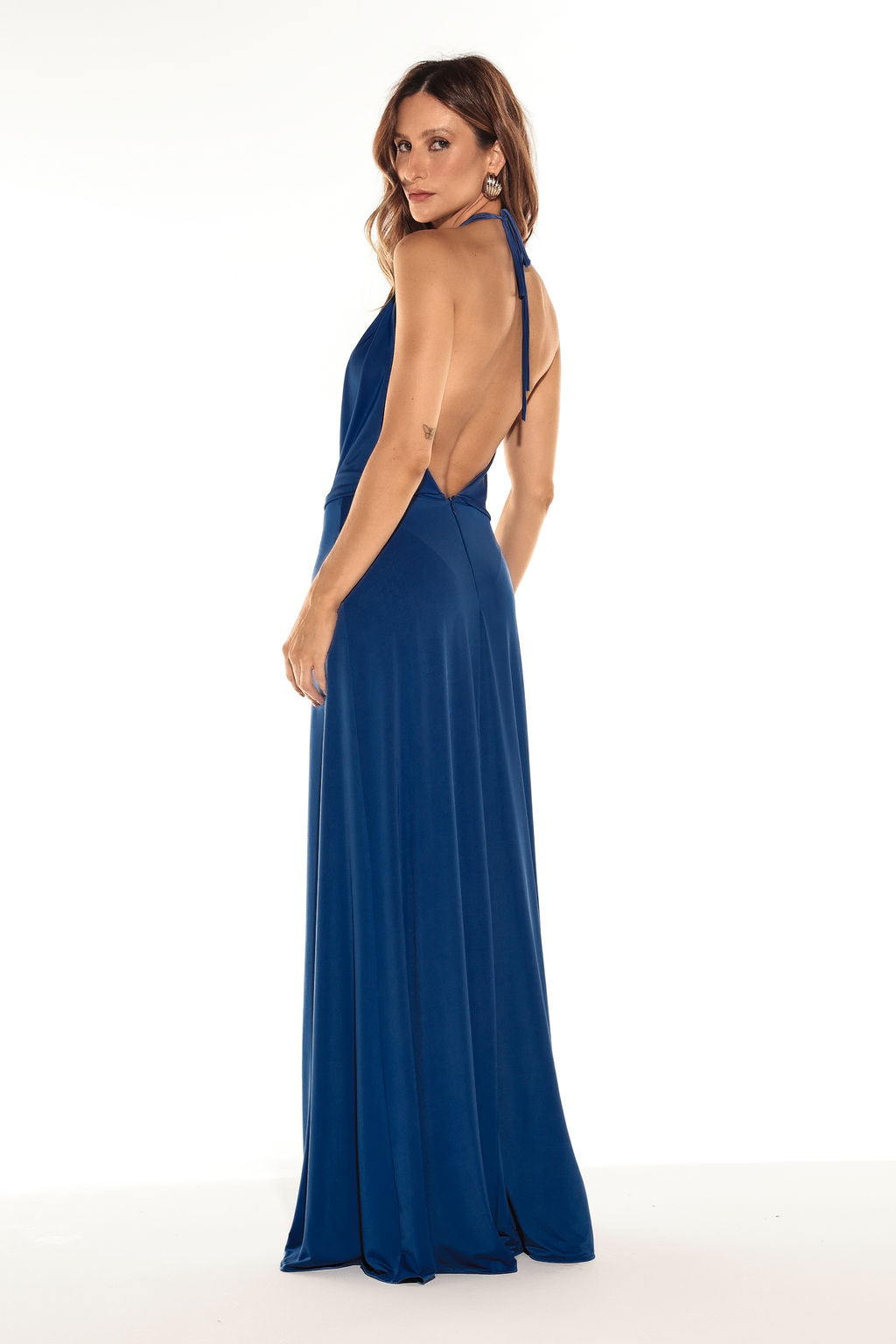Vestido Longo Jersey Drapeado Azul