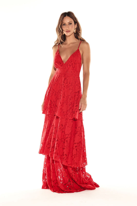 Vestido Longo Babados Renda Vermelho