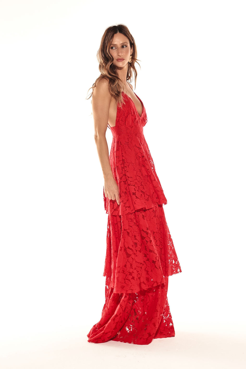 Vestido Longo Babados Renda Vermelho