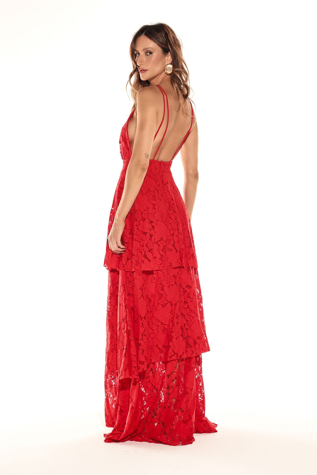 Vestido Longo Babados Renda Vermelho