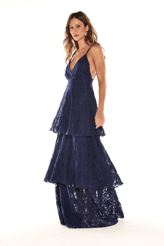 Vestido Longo Babados Renda Azul