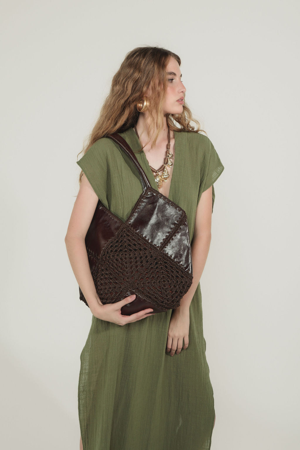 Bolsa Couro Croche Marrom