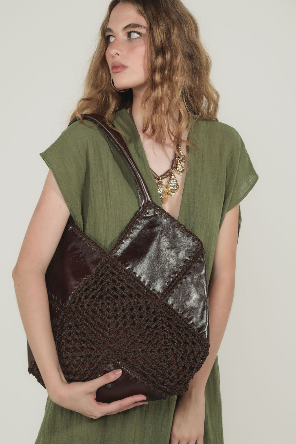 Bolsa Couro Croche Marrom