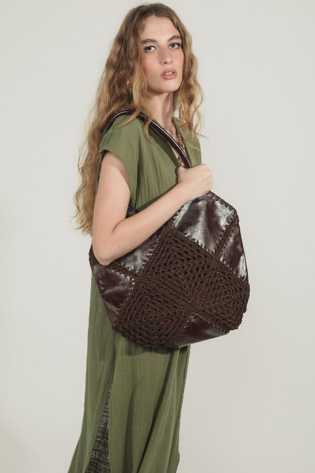 Bolsa Couro Croche Marrom