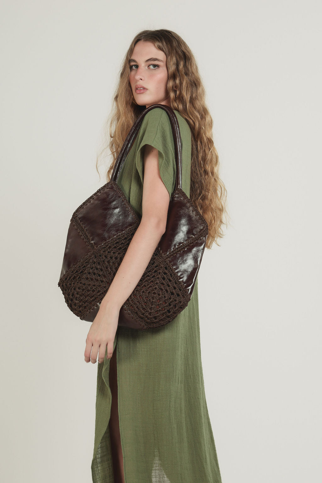 Bolsa Couro Croche Marrom