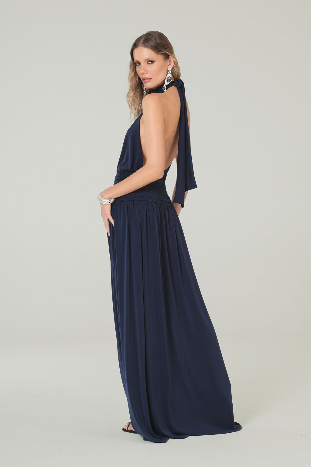 Vestido Longo Frente Única Azul Marinho