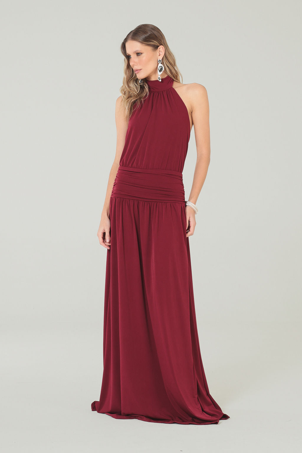 Vestido Longo Frente Única Vinho