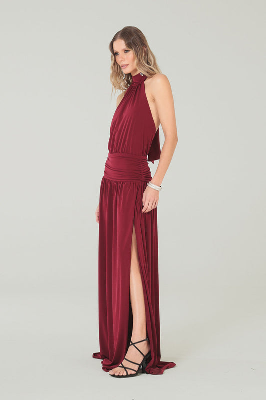 Vestido Longo Frente Única Vinho
