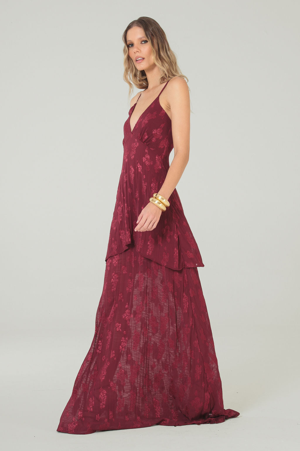 Vestido Longo Jacquard Vinho