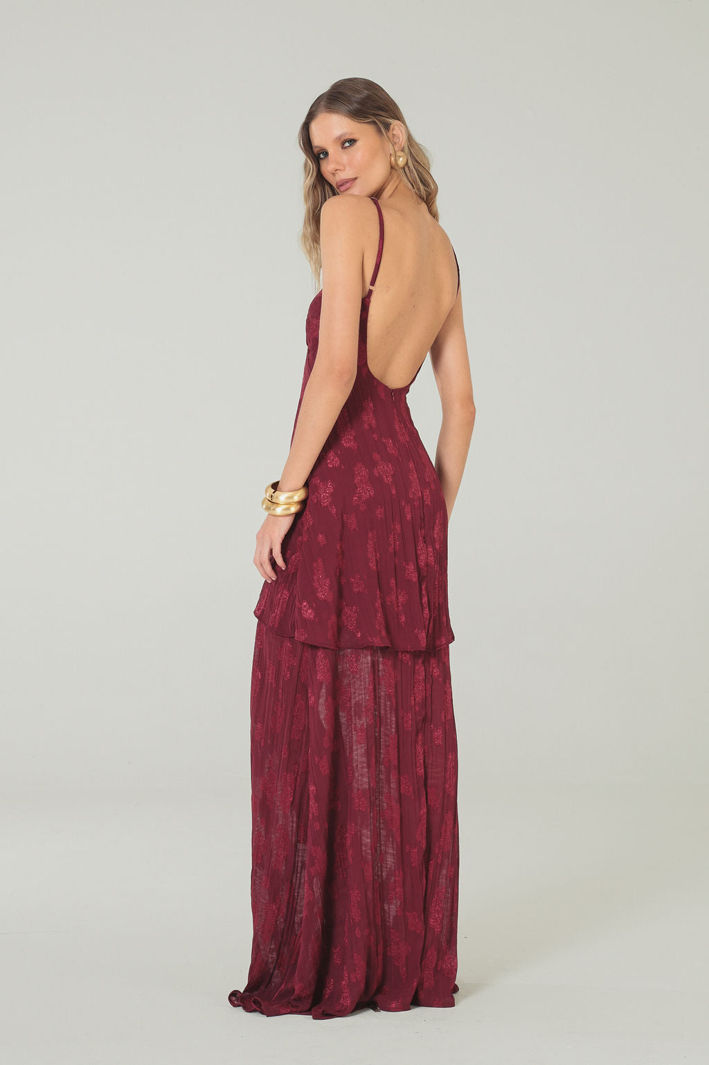Vestido Longo Jacquard Vinho