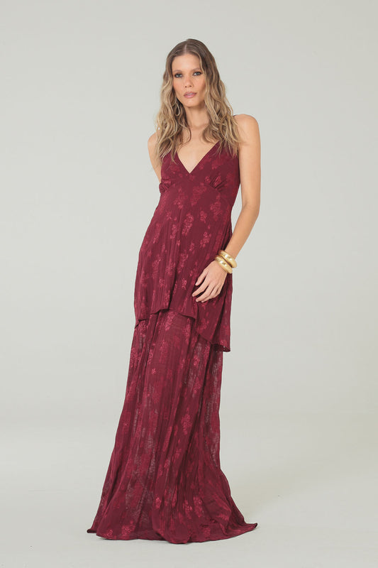 Vestido Longo Jacquard Vinho