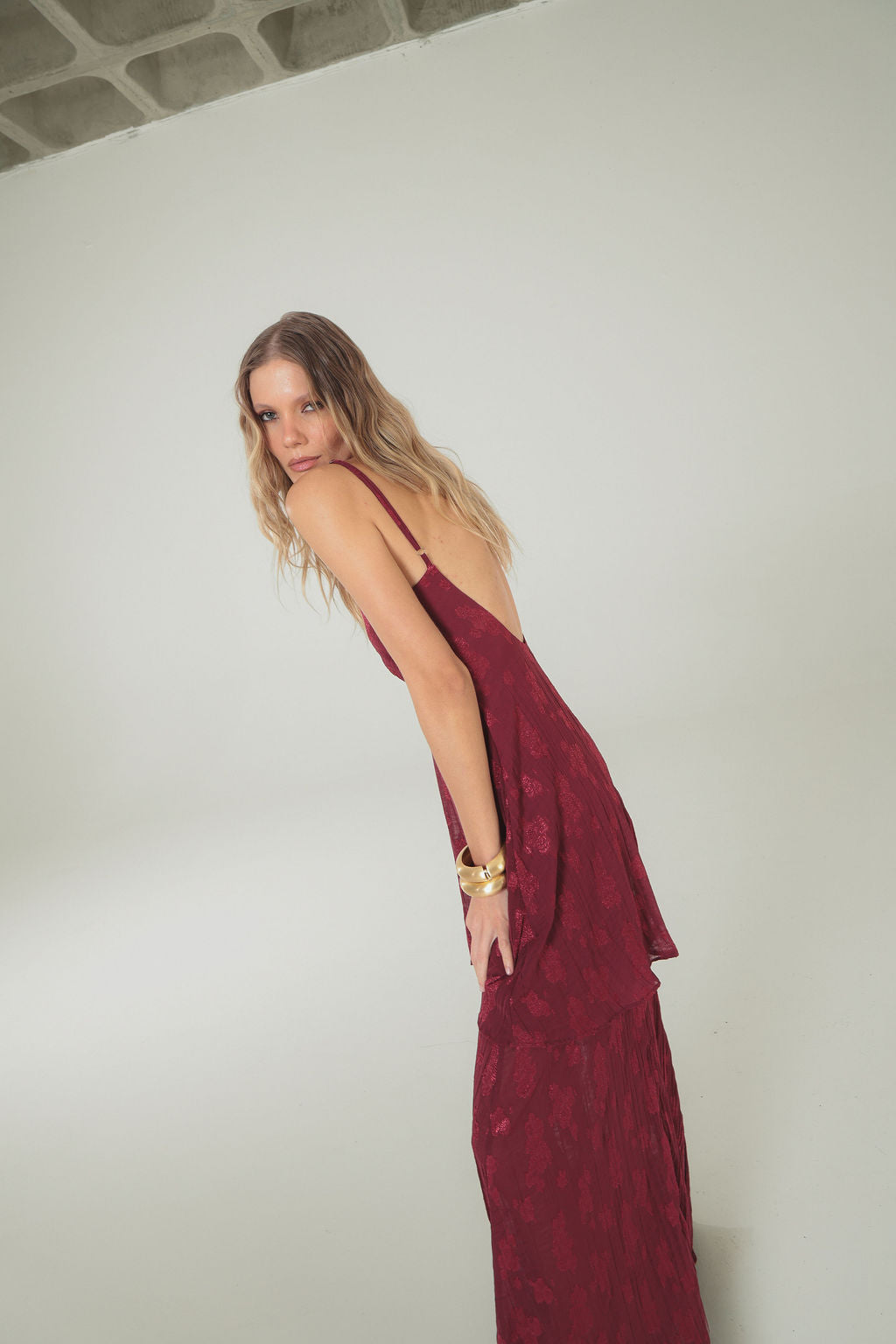Vestido Longo Jacquard Vinho