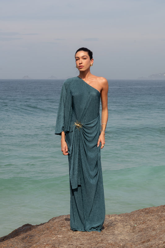 Vestido Longo Plissado Metal Verde Petróleo