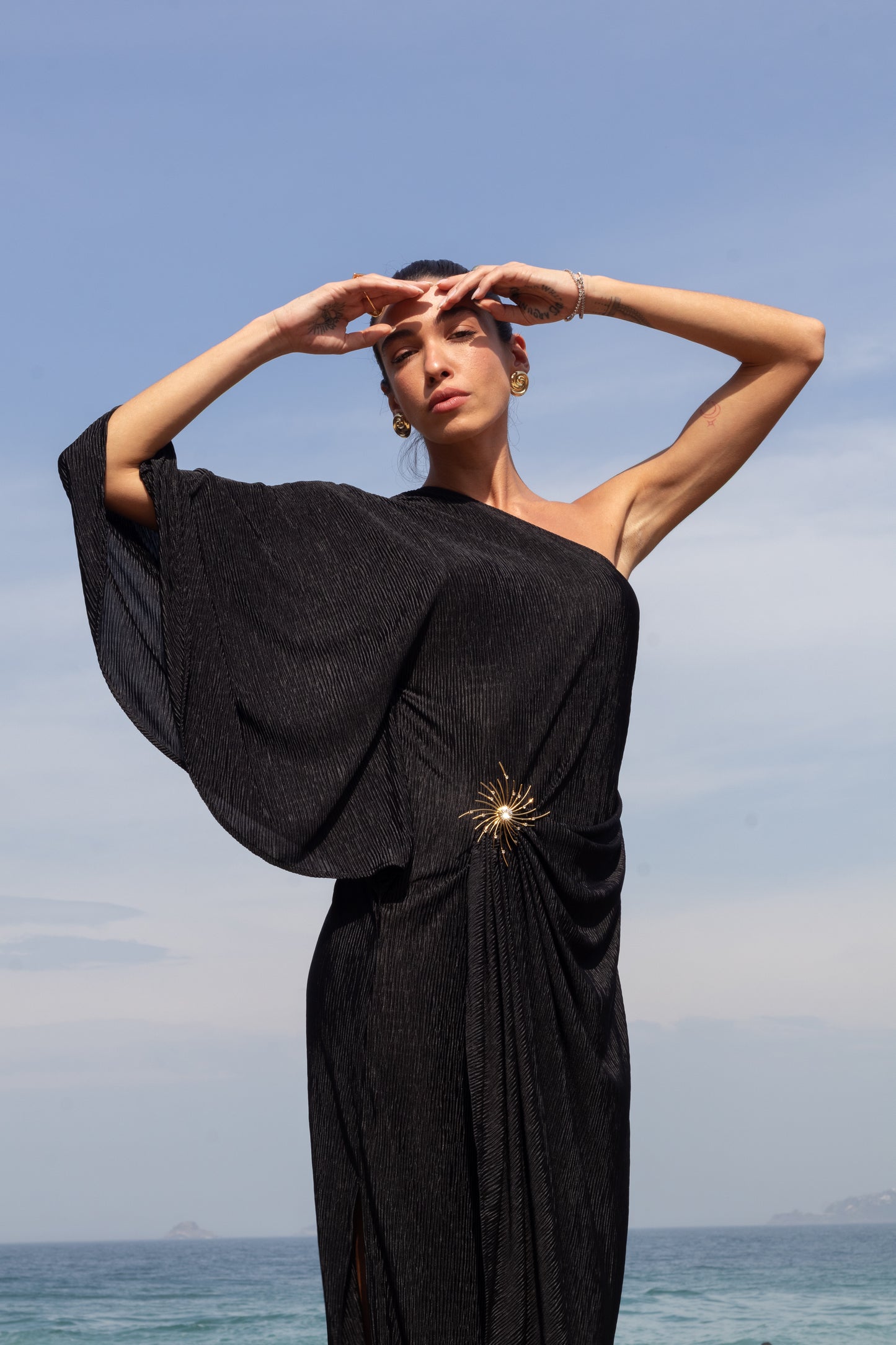Vestido Longo Plissado Metal Preto