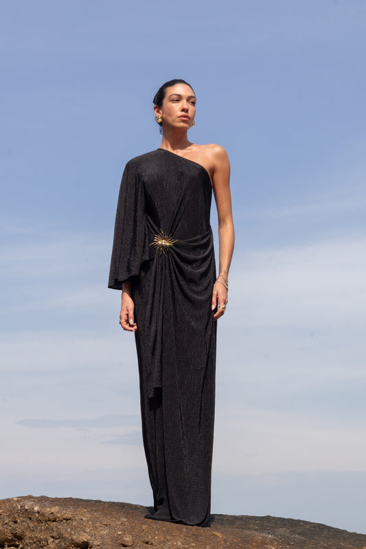 Vestido Longo Plissado Metal Preto