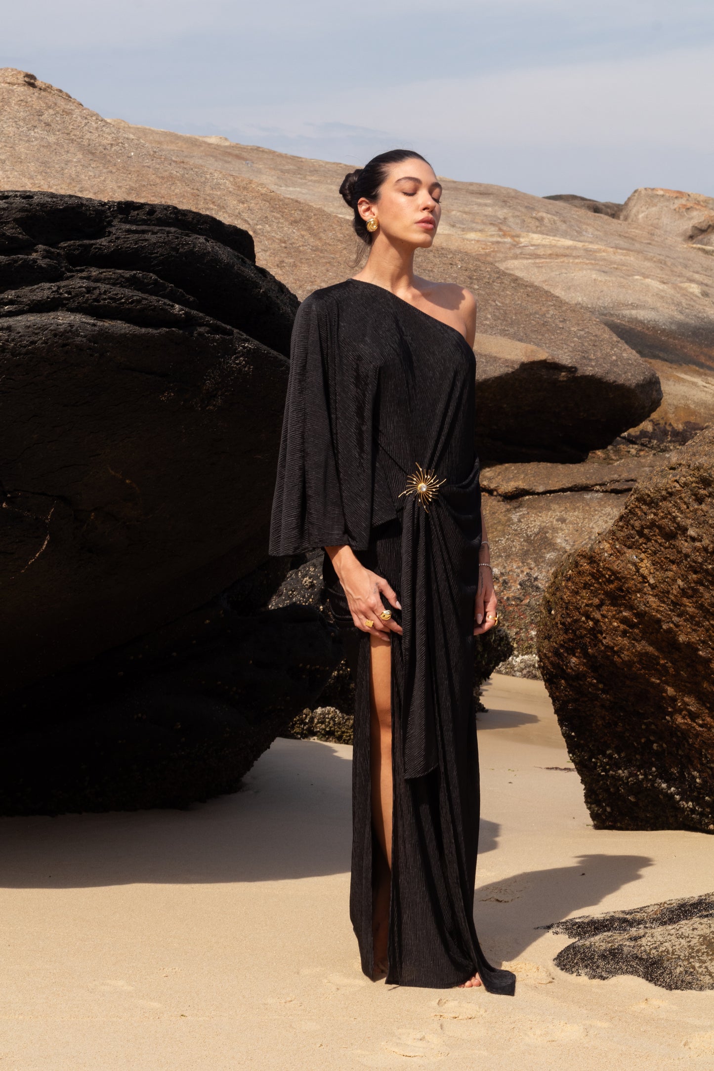 Vestido Longo Plissado Metal Preto