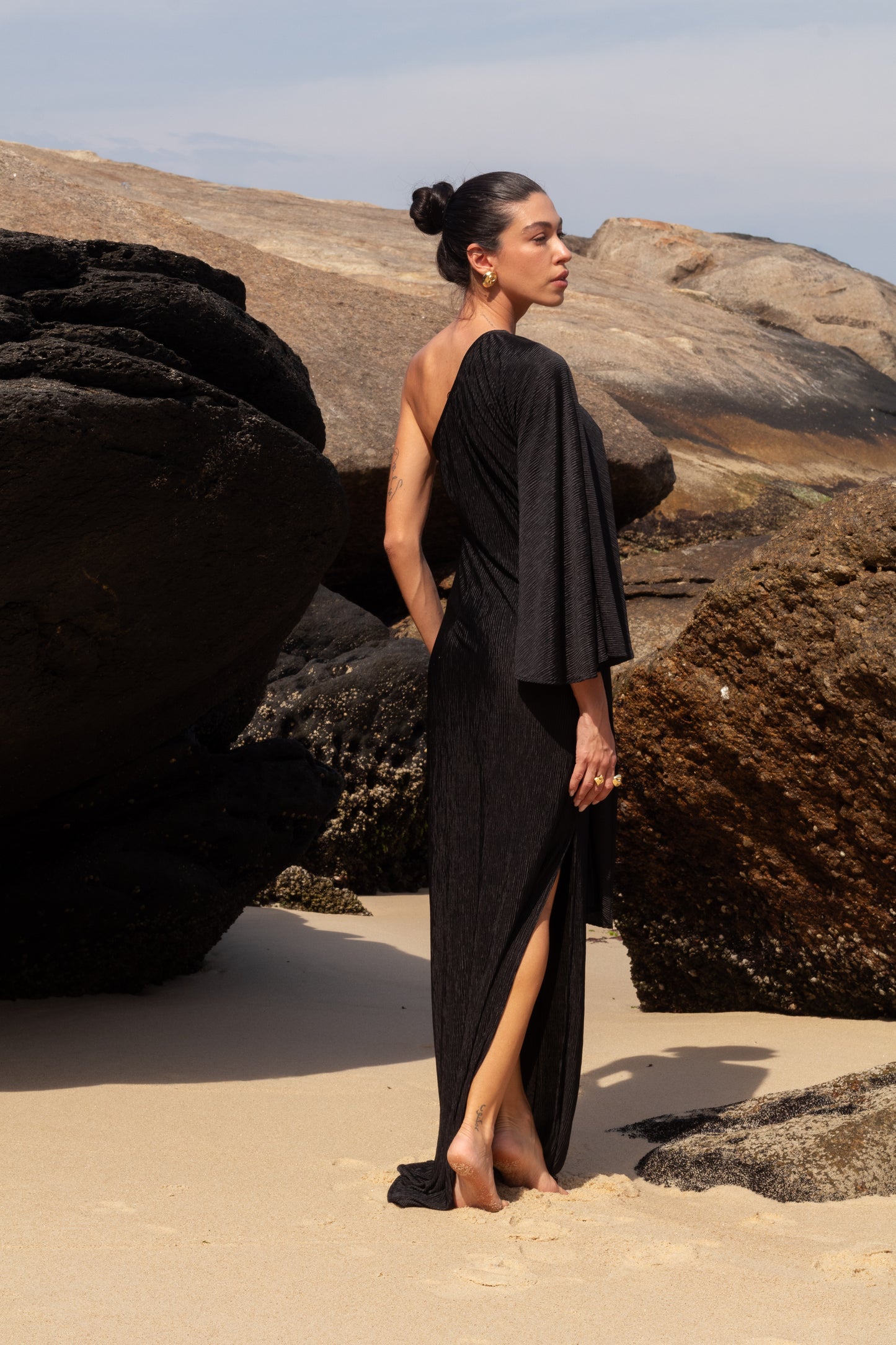 Vestido Longo Plissado Metal Preto
