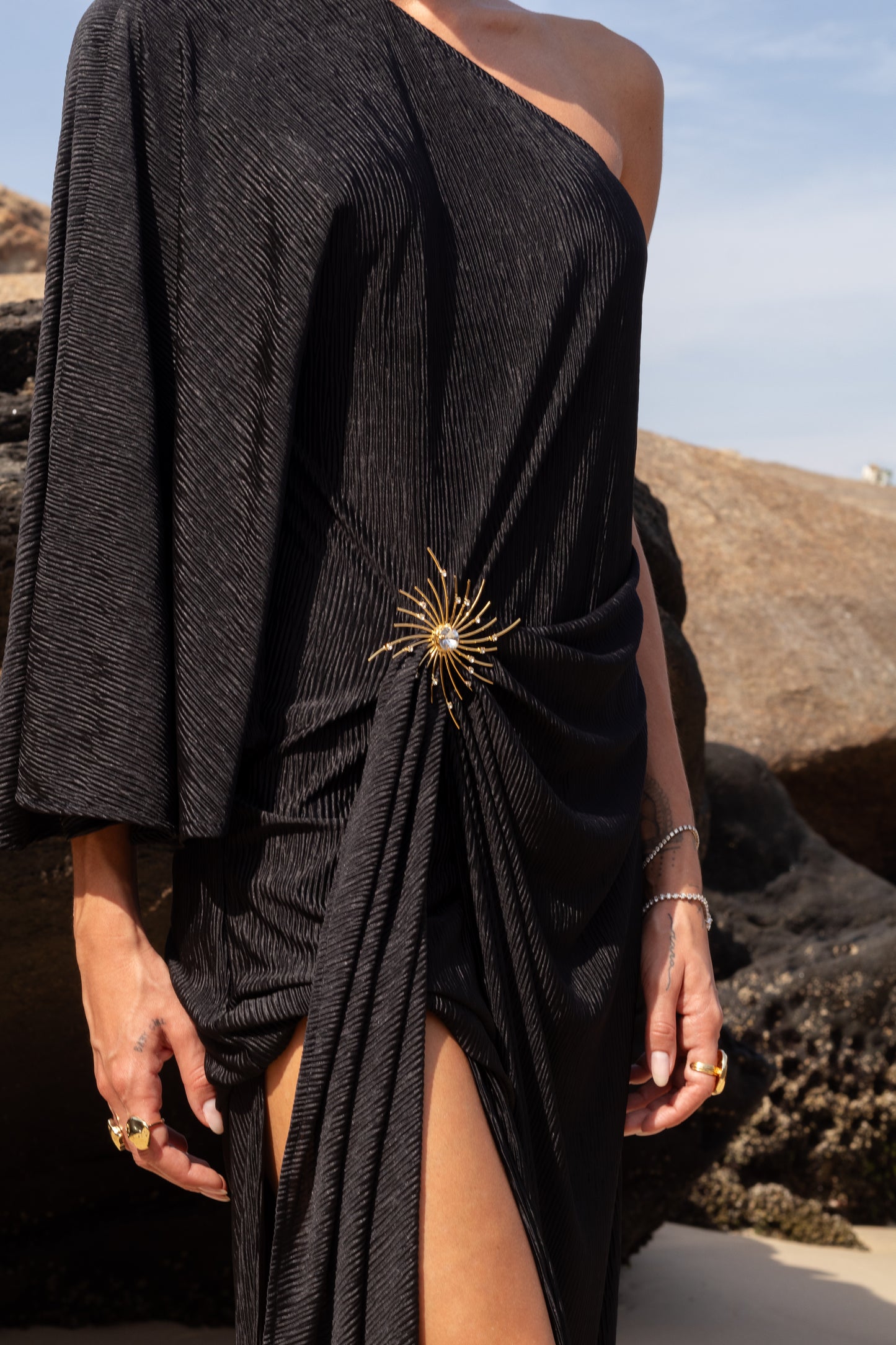 Vestido Longo Plissado Metal Preto