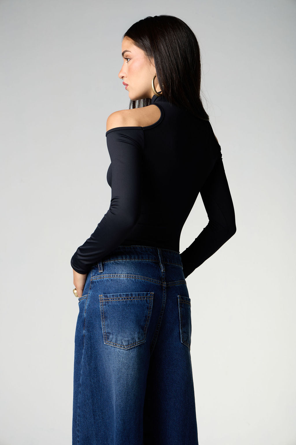 Calça Jeans Pantalona Costura Deslocada Azul