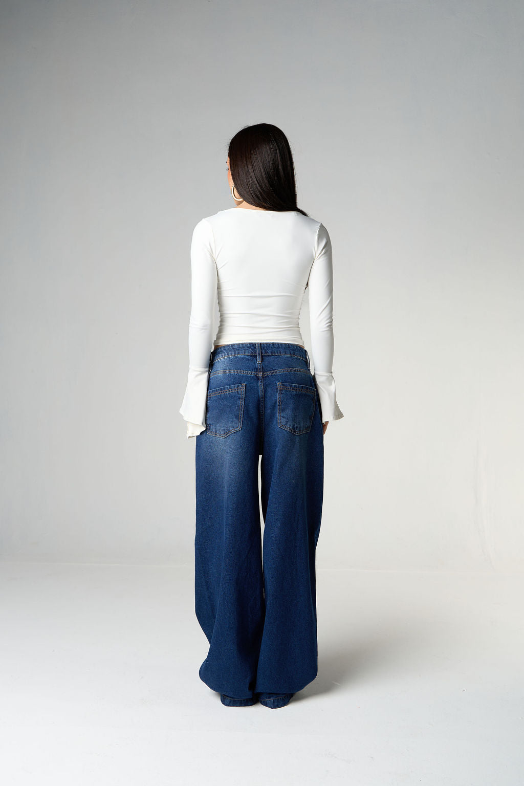 Calça Jeans Pantalona Costura Deslocada Azul