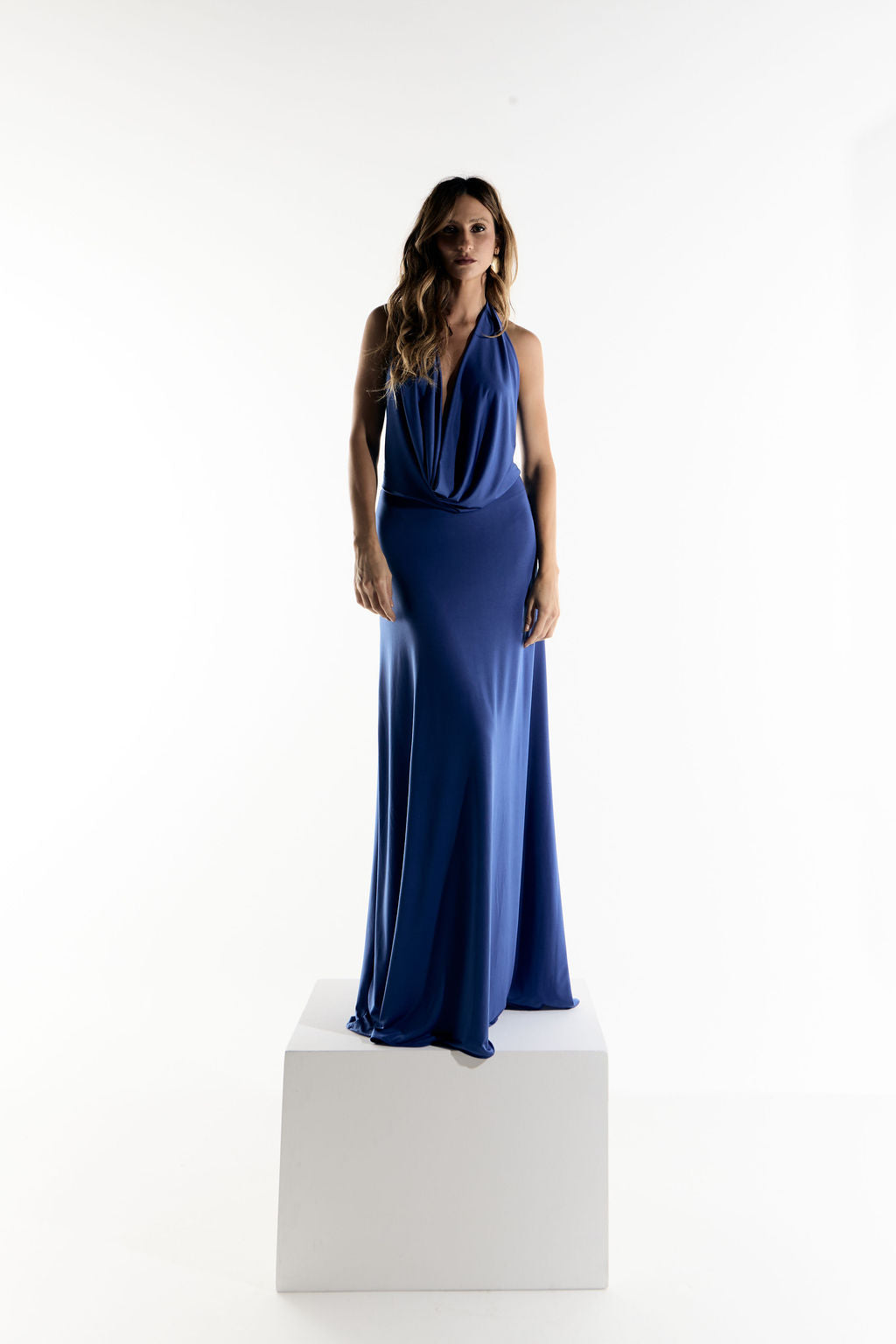 Vestido Longo Jersey Drapeado Azul
