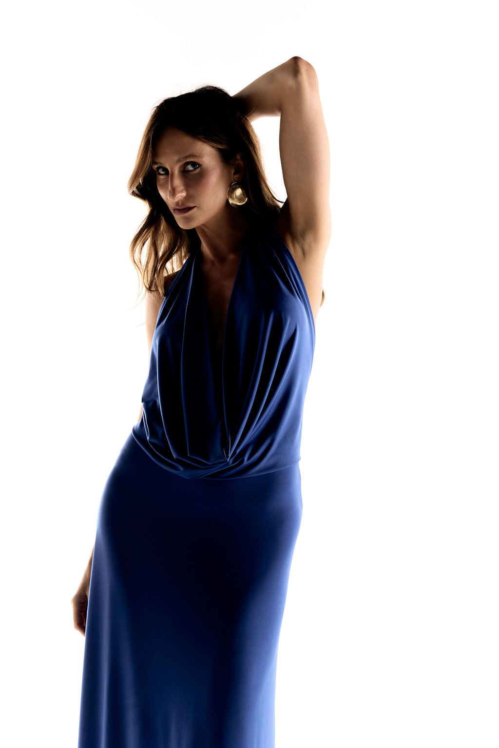 Vestido Longo Jersey Drapeado Azul